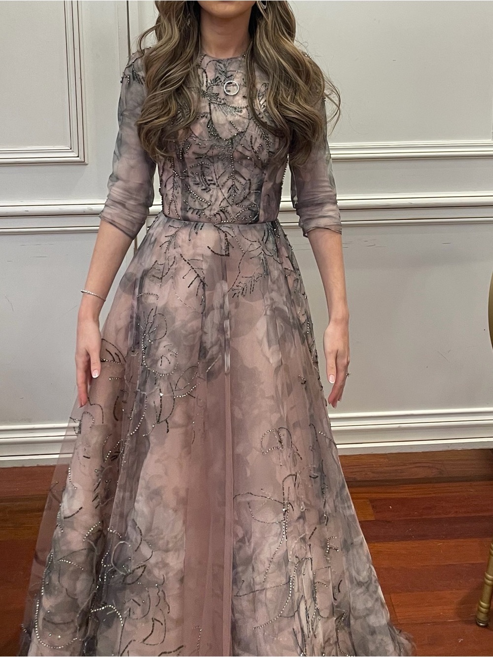 Mauve Floral Lace A-Line Evening Gown with Three-Quarter Sleeves